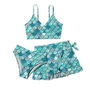 Fish Scale Print Swimwear Set Girls 3PCS Swimsuit Vacation Hawaii Beachwear Kids Stylish Bathing Suit, Pink, 11-12 Years